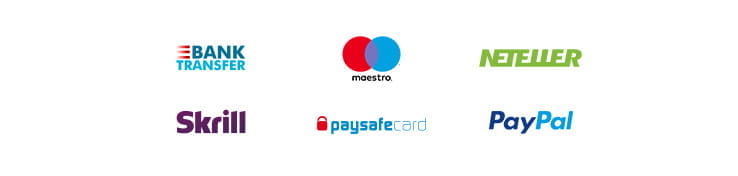 Payment methods including Bank Transfer, Maestro, Neteller, Skrill, Ukash, PaysafeCard, PayPal.